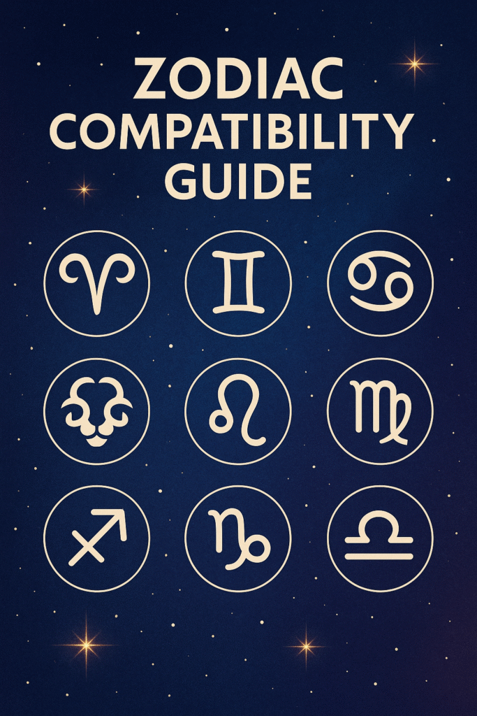 "Zodiac compatibility guide illustration with star signs and romantic symbols"