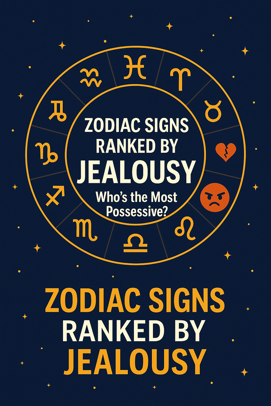 "Zodiac wheel graphic with title 'Zodiac Signs Ranked by Jealousy' featuring astrology icons and dark starry background"