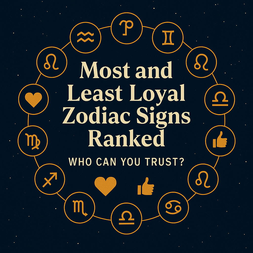 "Zodiac wheel with the title 'Most and Least Loyal Zodiac Signs Ranked' and zodiac symbols arranged in a circle on a starry background"