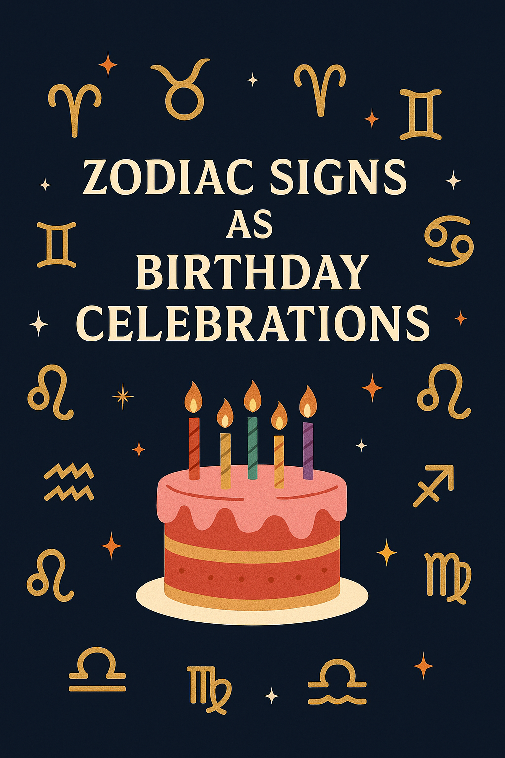 "Zodiac Signs as Birthday Celebrations" title with a birthday cake and zodiac symbols arranged in a circle on a navy-blue background.
