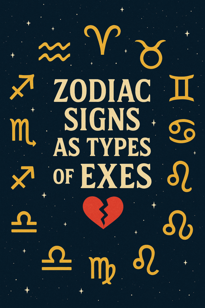 Zodiac-themed graphic titled "ZODIAC SIGNS AS TYPES OF EXES" with golden zodiac symbols and a broken red heart on a navy blue starry background.