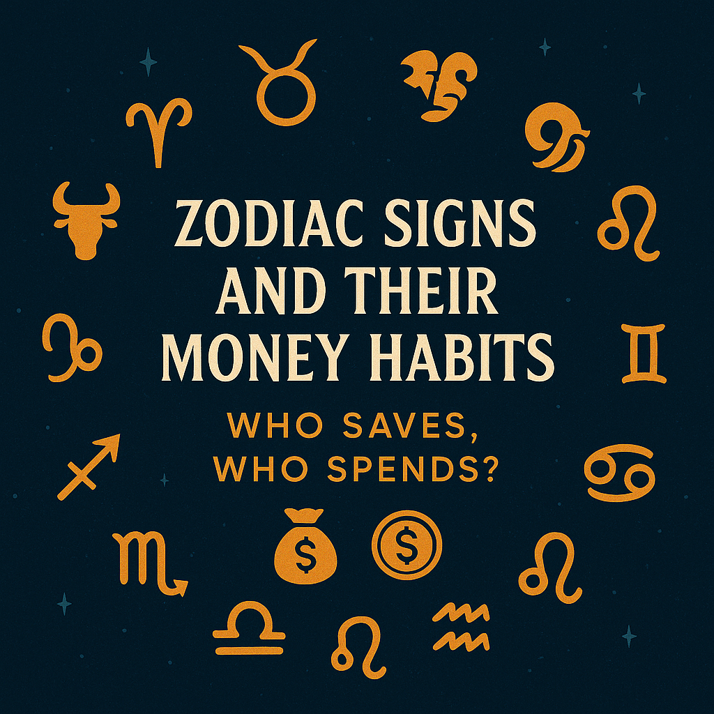 "Infographic titled 'Zodiac Signs and Their Money Habits – Who Saves, Who Spends?' with zodiac symbols and money icons on a dark starry background"
