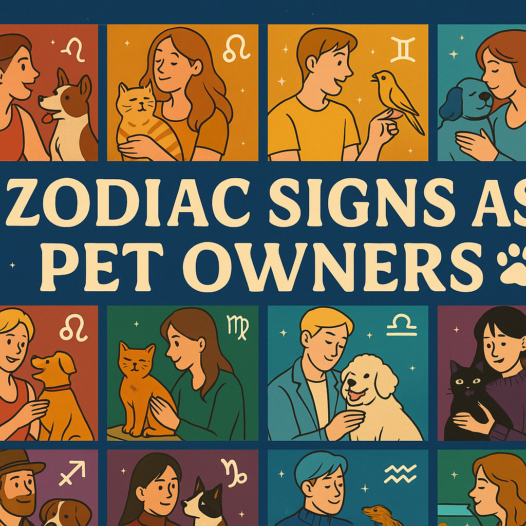 Colorful digital illustration of zodiac signs as pet owners, featuring twelve zodiac signs each with a matching pet.