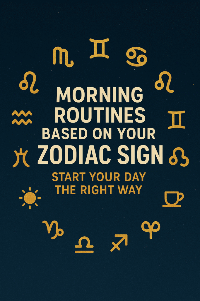 Digital graphic design featuring zodiac signs and morning routine title on a starry background.