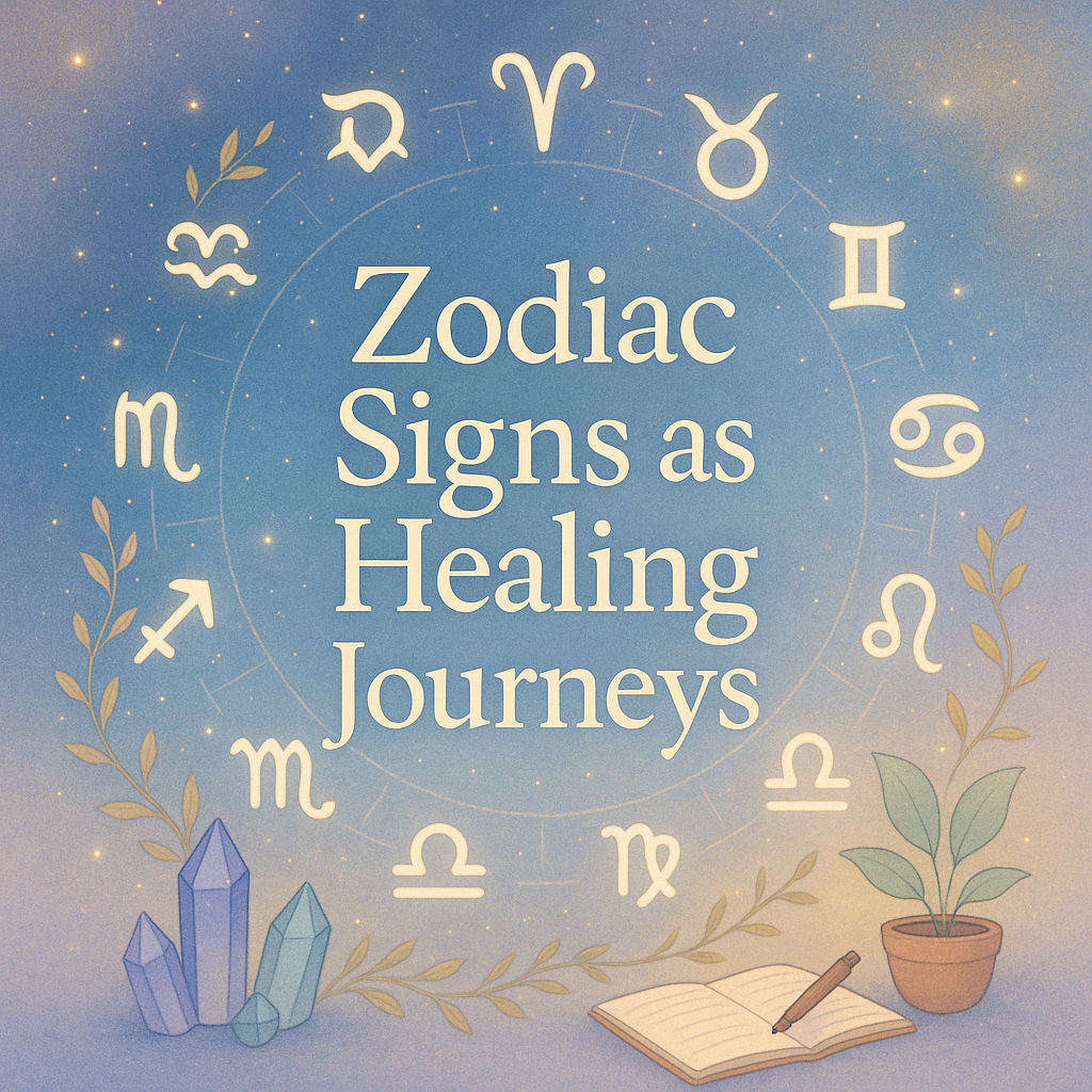 A dreamy digital illustration of zodiac symbols in a glowing circle with soft cosmic colors, crystals, and plants representing emotional healing and growth.