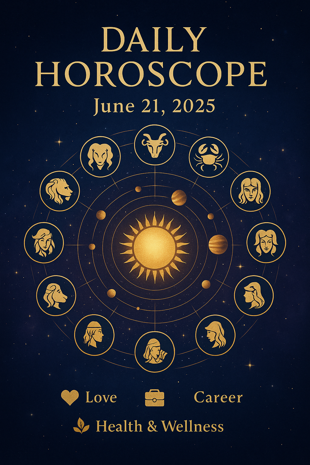 A vibrant digital illustration showing zodiac symbols around a glowing sun, representing the daily horoscope for June 19.